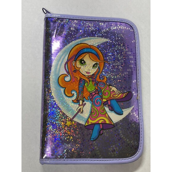 Vintage Lisa Frank Hippie Moon Girl Mini Planner Binder Zip Glitter Purple - Picture 1 of 10